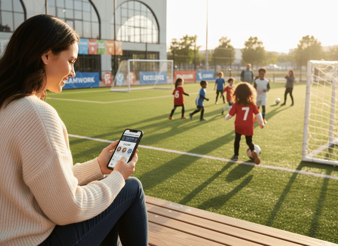 Parent reviewing a district athletics newsletter on their phone while watching their child's soccer practice