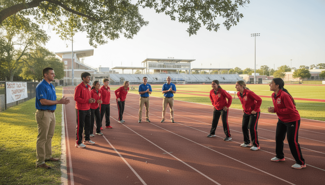 High school athletes warming up on a district track with coaches supervising before a competition