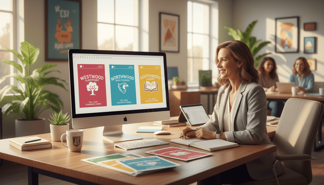 School district communications director reviewing branded newsletter templates from multiple schools on computer