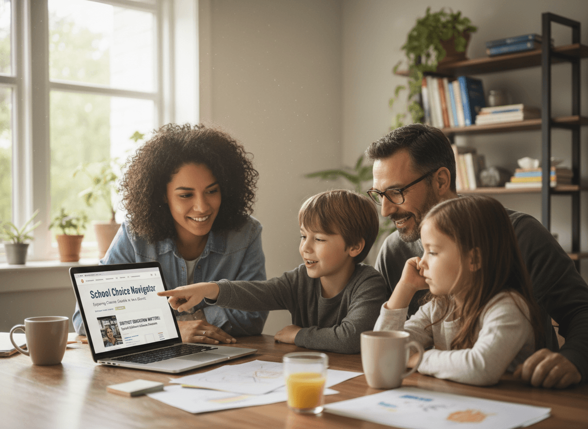 Family reviewing school options on a laptop including a district newsletter about charter schools