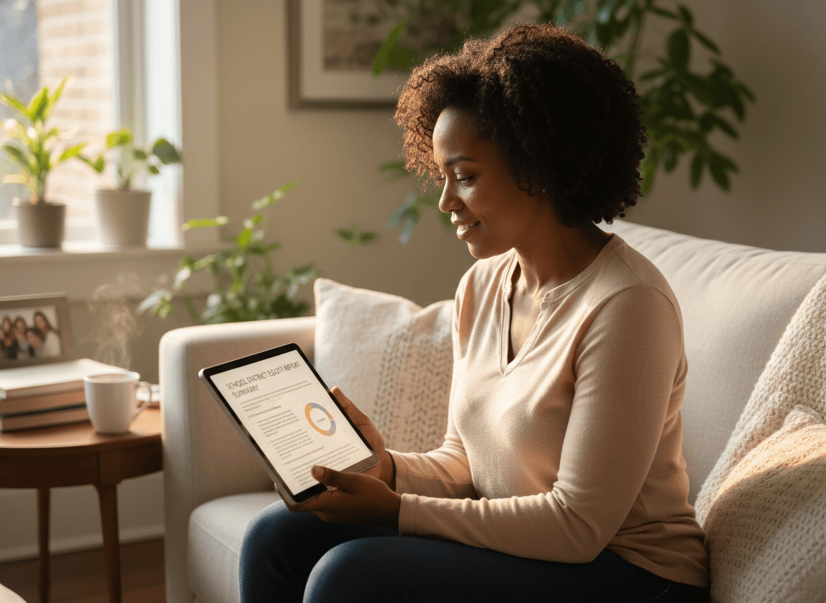 Parent reading a school district equity report summary on a tablet at home