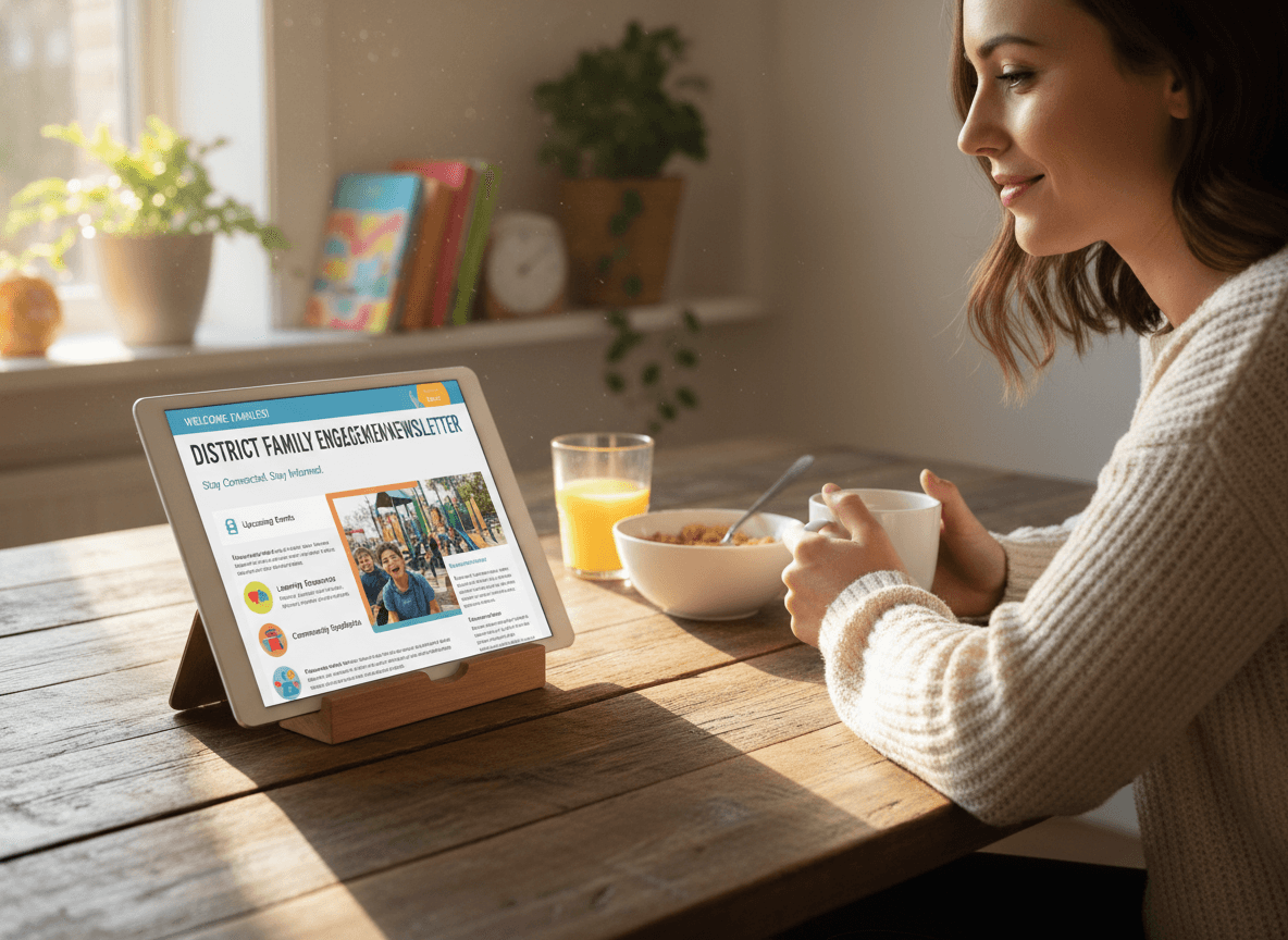 District family engagement newsletter displayed on tablet with parent reading at kitchen table