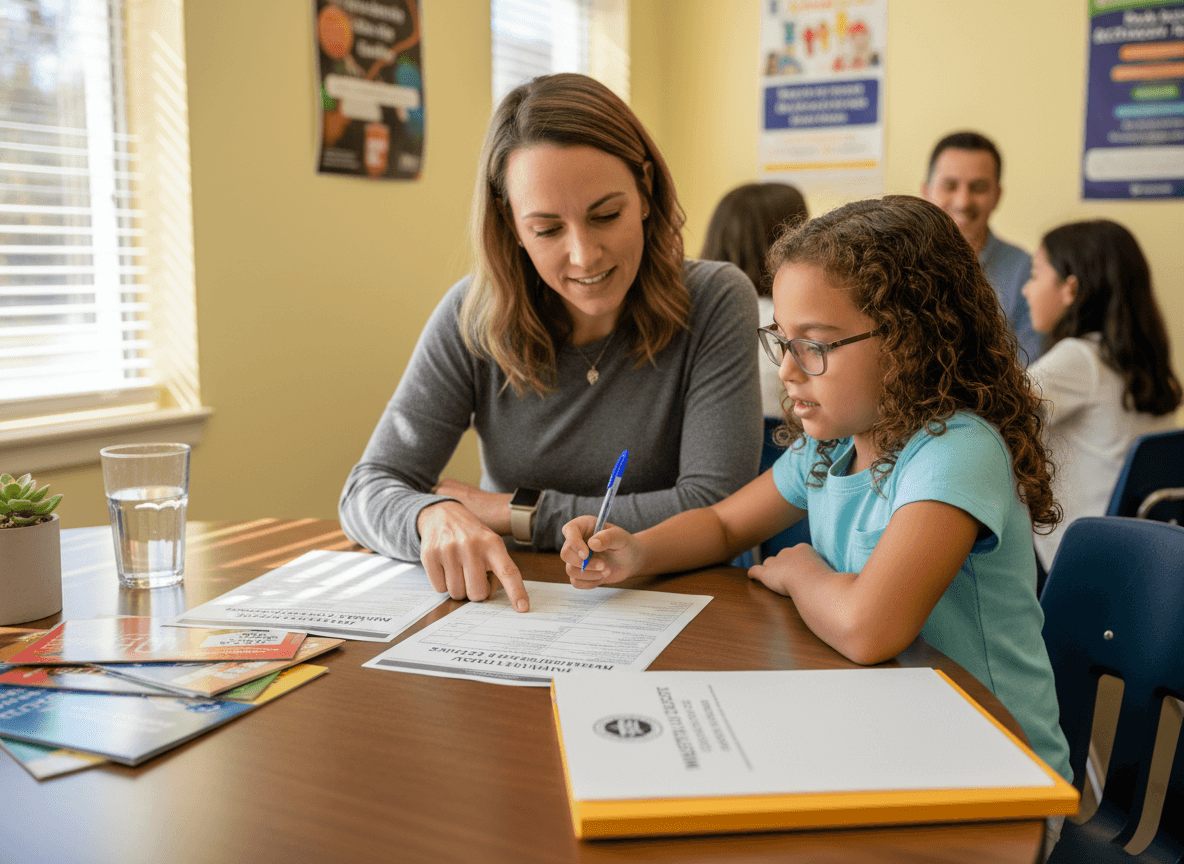 Parent reviewing district immunization requirements paperwork with their child before the school year