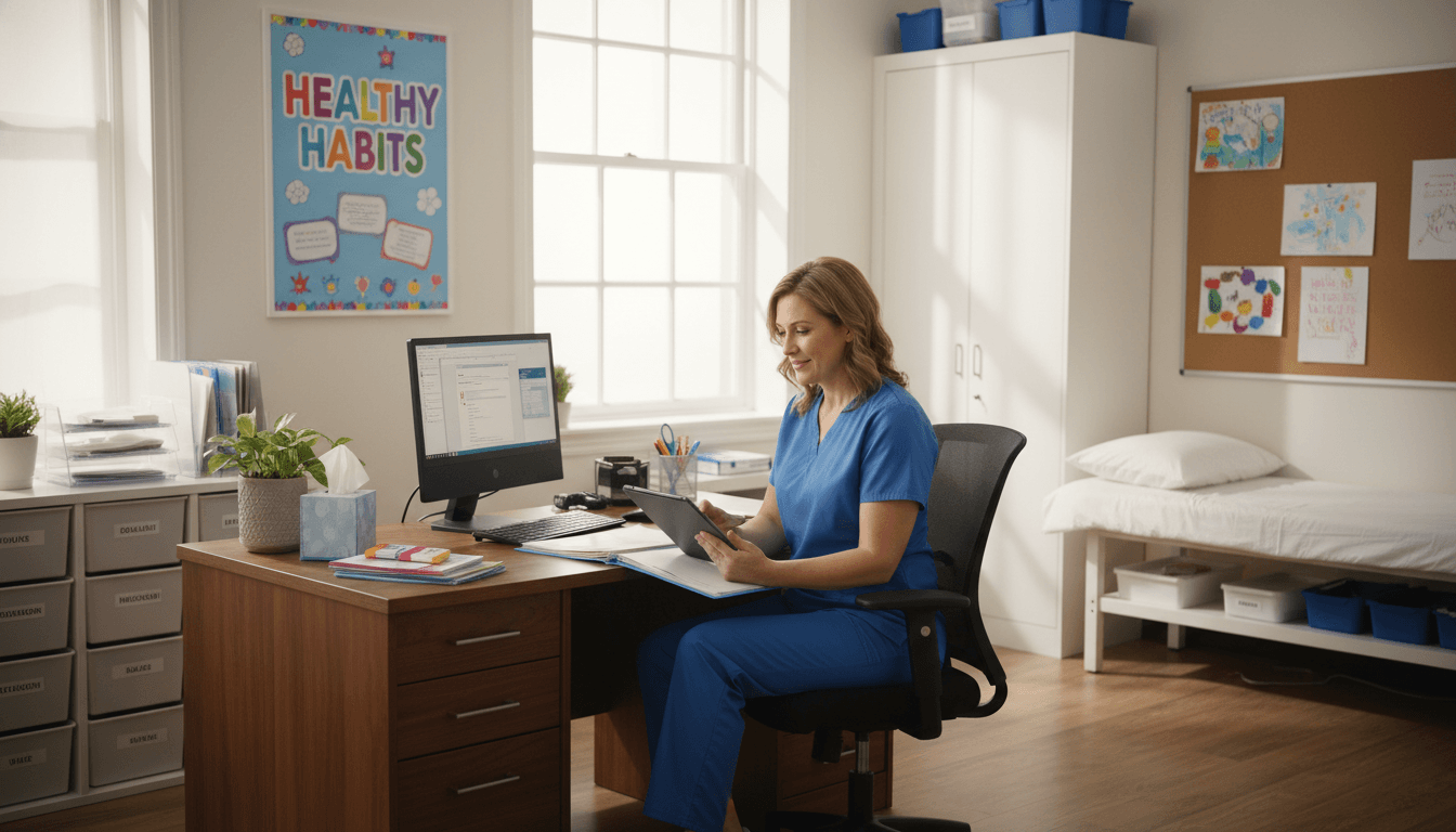 School nurse reviewing a student health record in a clean and organized school health office