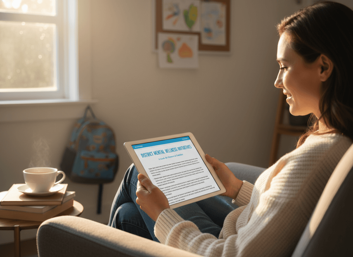 Parent reading a district mental health newsletter on a tablet at home