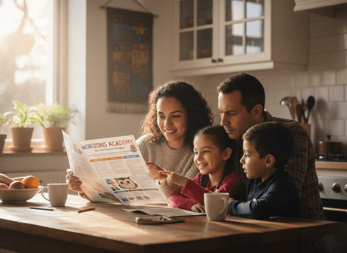Bilingual school newsletter being read by a migrant family at a kitchen table