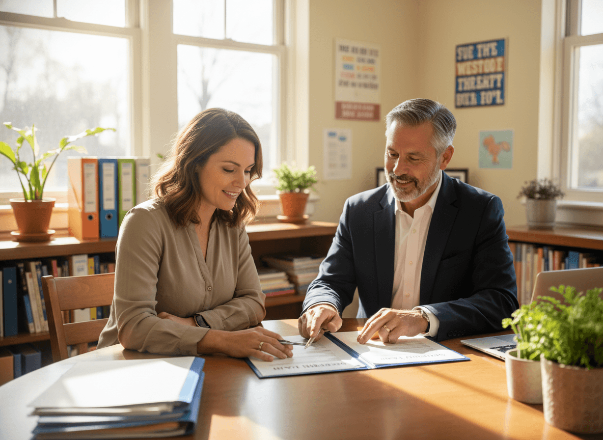 Parent reviewing a Section 504 plan document with a school administrator