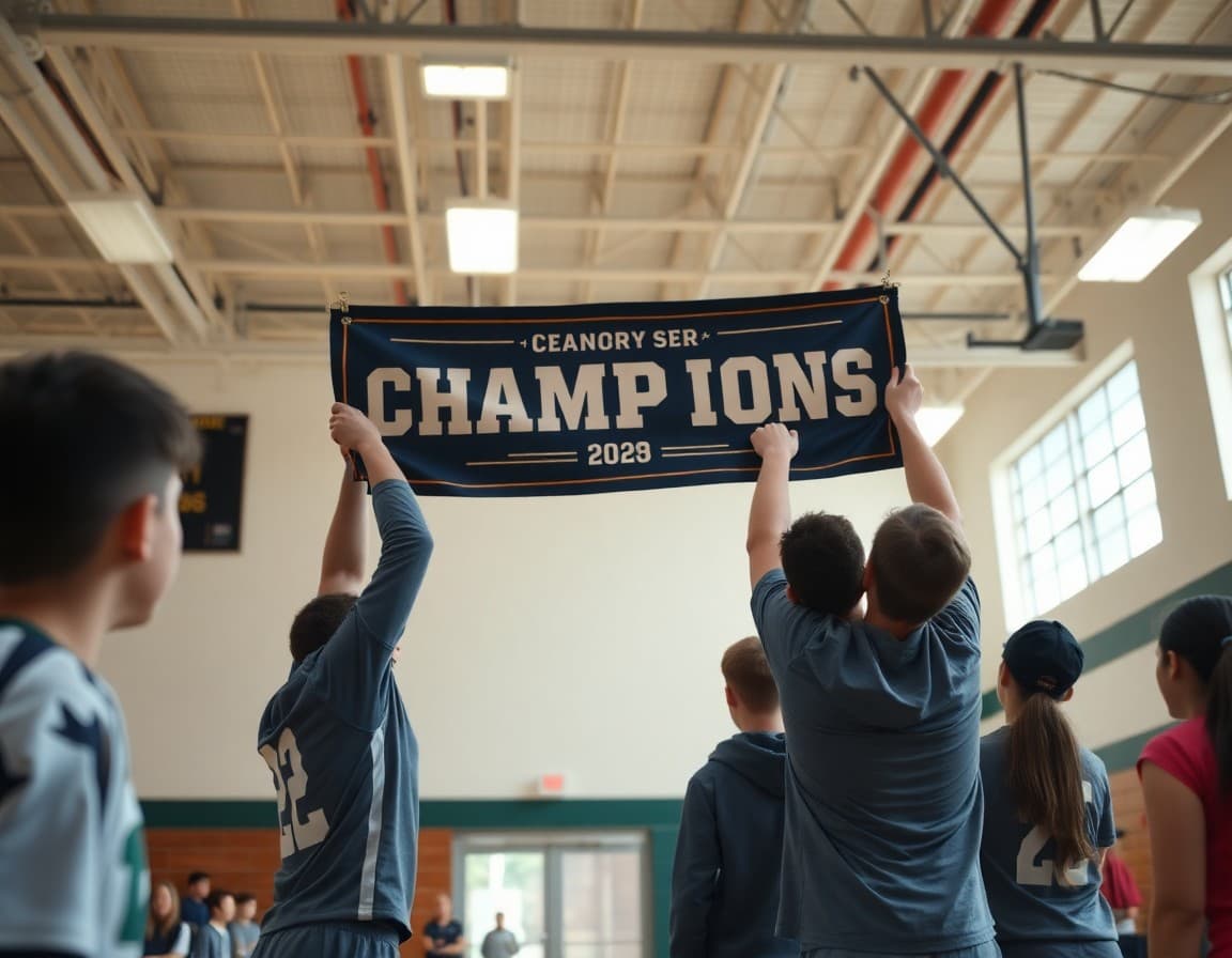 Championship banner being hung in a school gymnasium by student-athletes