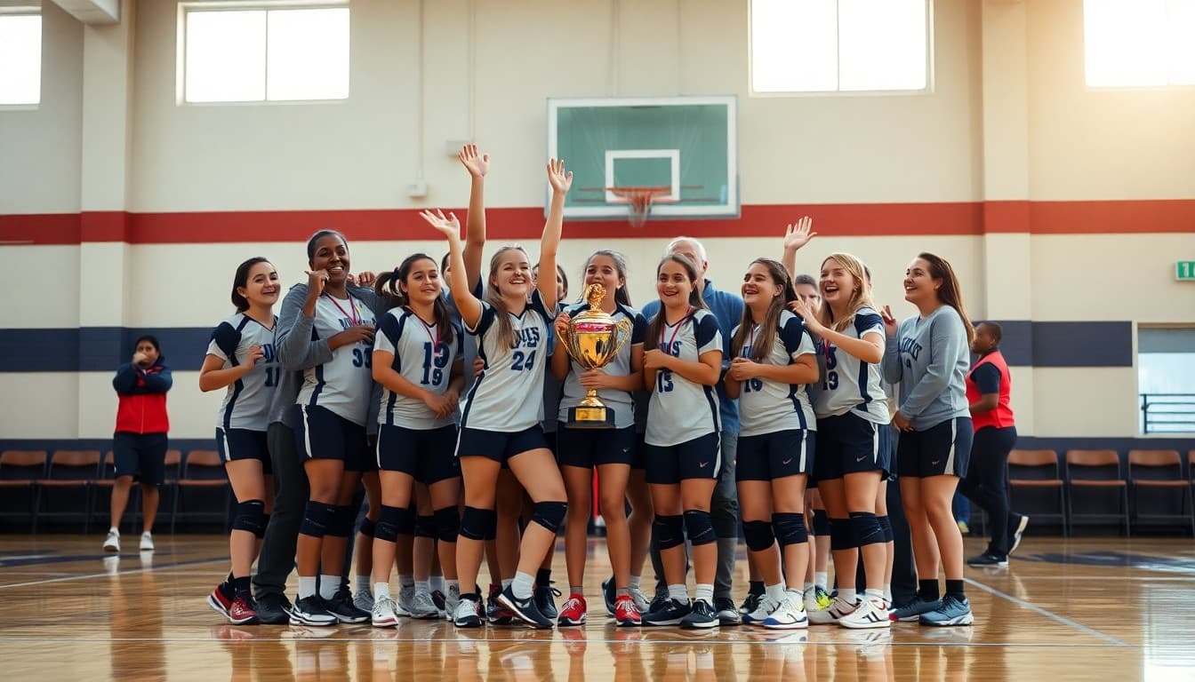 Girls volleyball team celebrating a championship win with coaches and trophy on the court