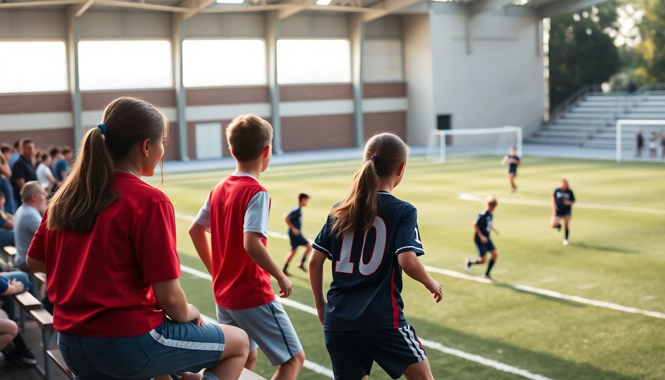 High school soccer players competing on a field with parents watching from the stands