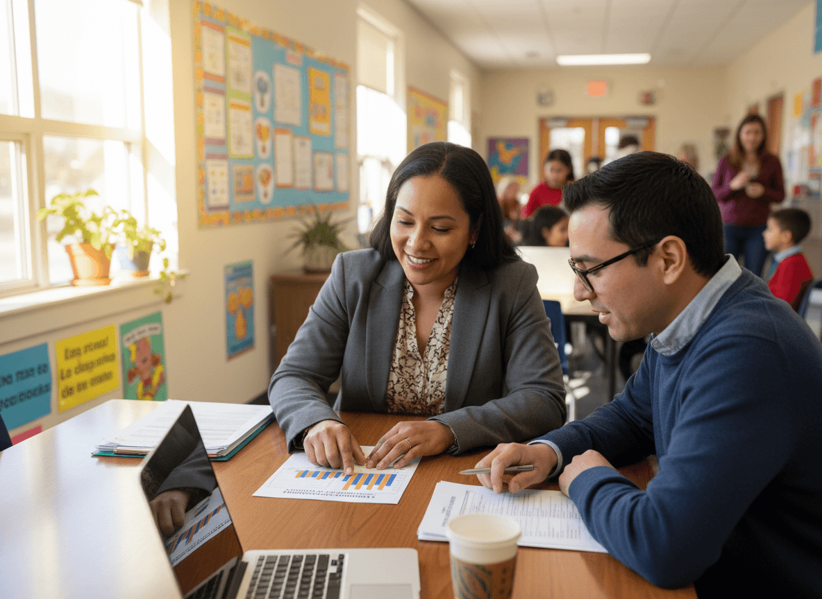 Parent and bilingual education coordinator reviewing language assessment results at a school conference