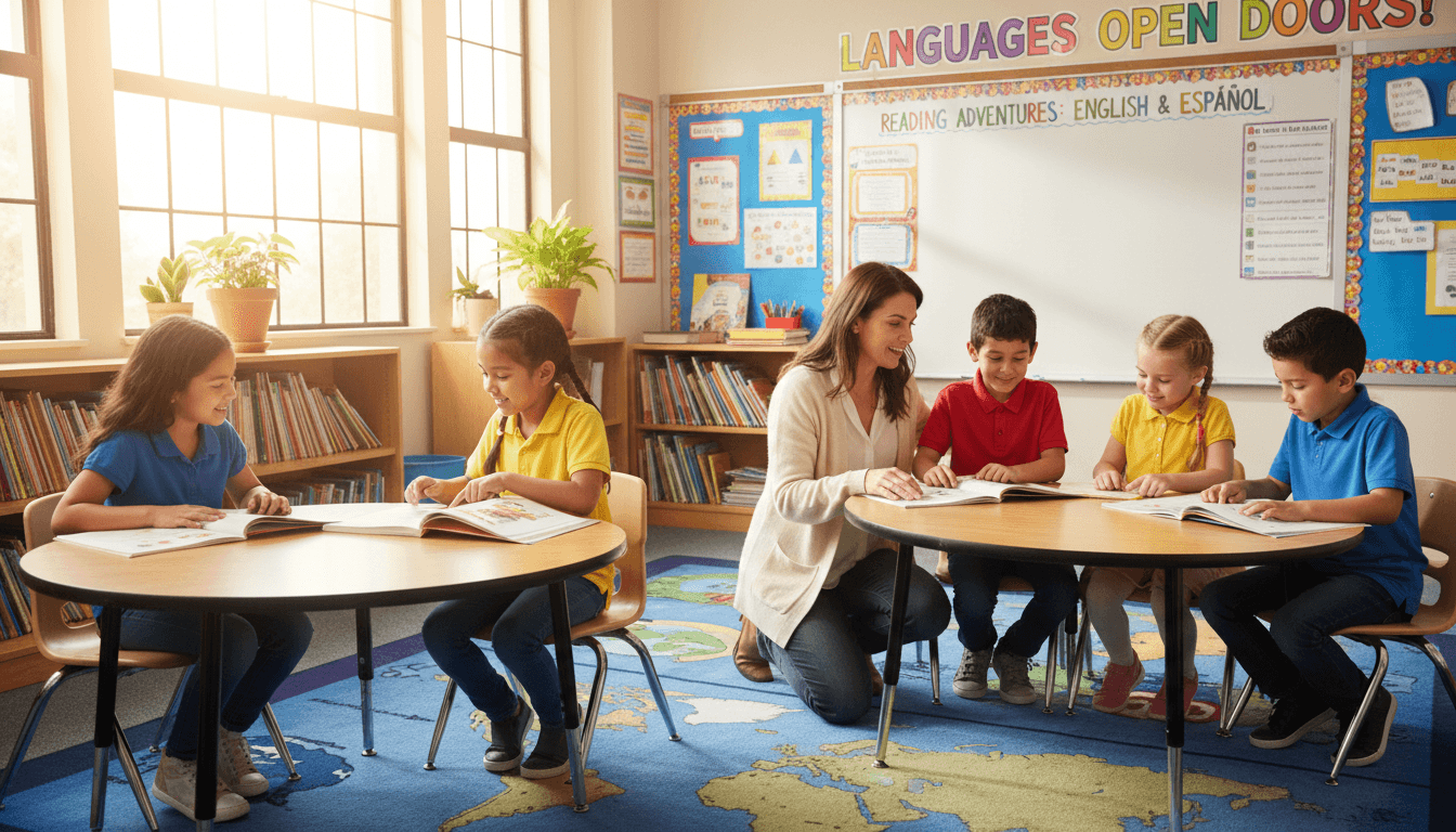 Students in a bilingual classroom engaged in a dual-language reading activity