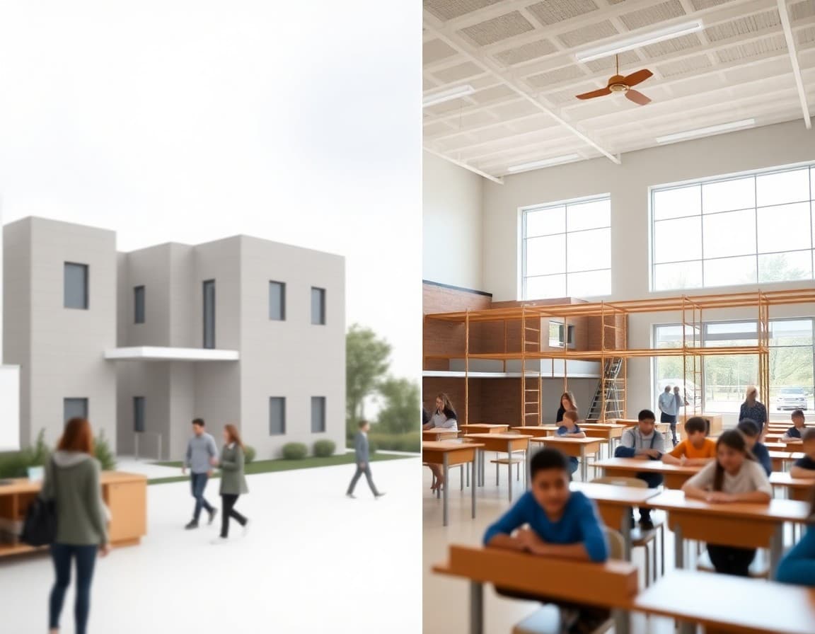 Architectural rendering of a new school facility next to a progress photo