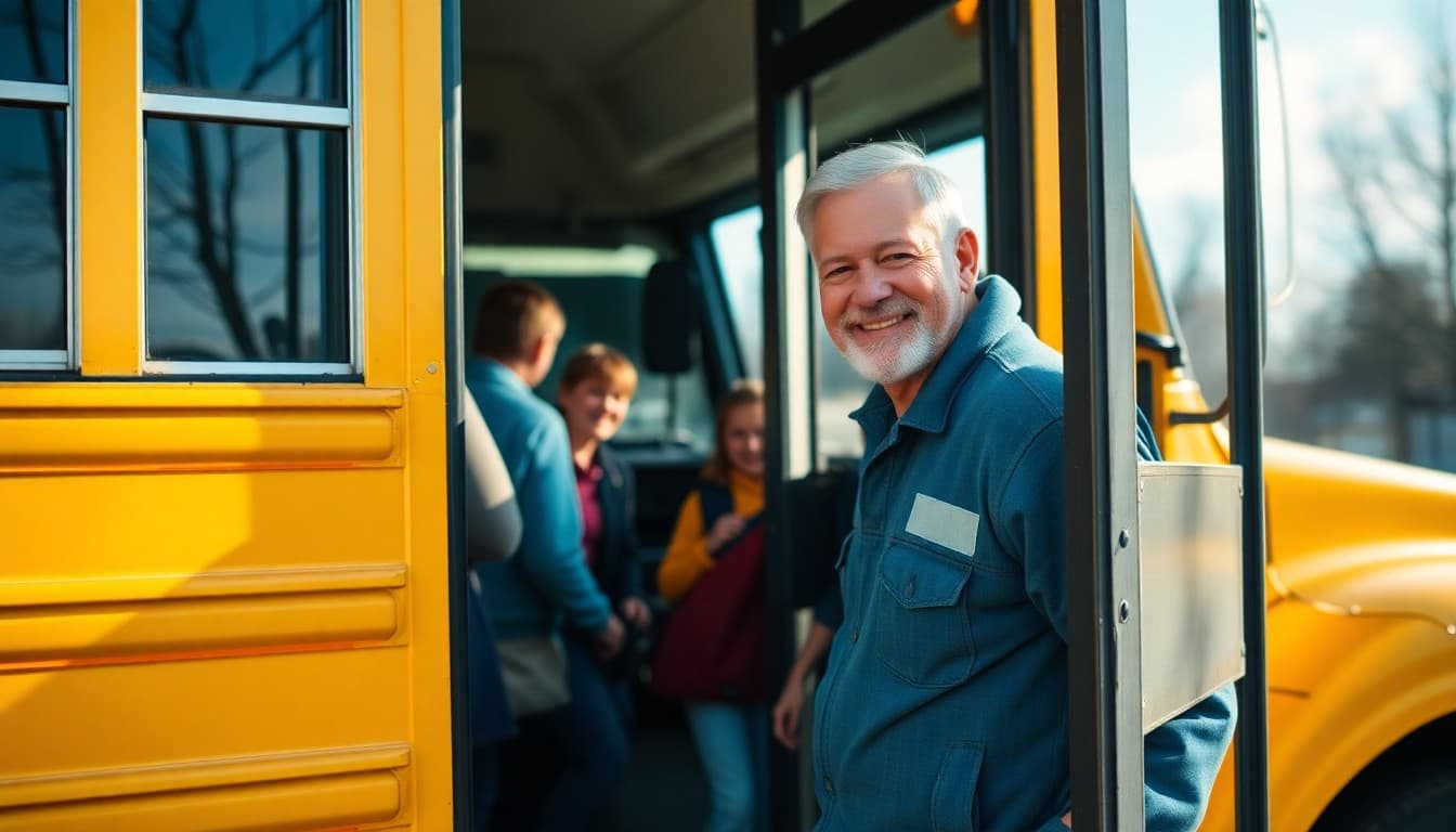 A smiling school bus driver greeting students at the bus door on a clear morning