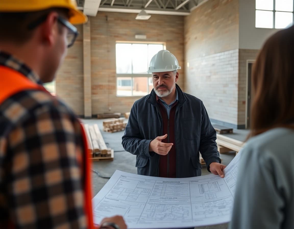 District facilities director reviewing construction blueprints at a project site