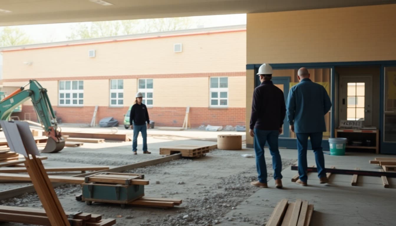 School construction project underway with workers visible and an elementary school building in the background