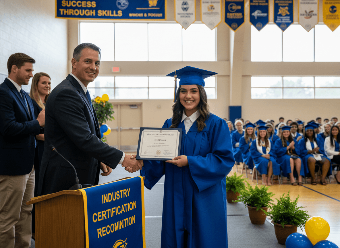 CTE student receiving an industry certification credential at a school recognition ceremony