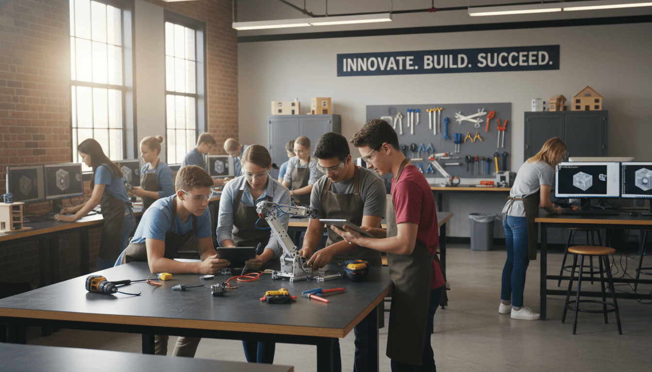 High school students working on a hands-on CTE project in a career and technical education classroom