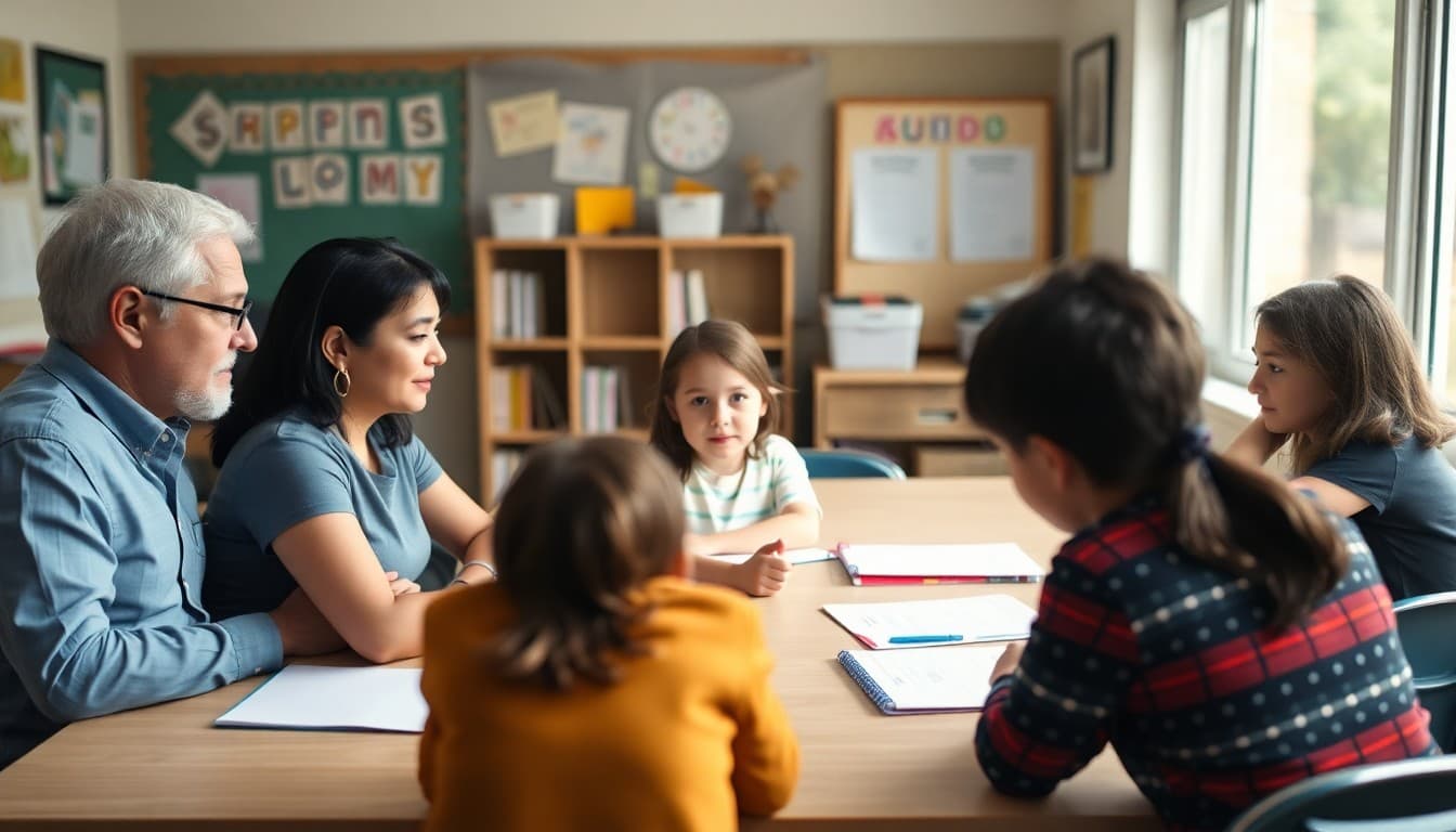Special education evaluation team meeting with a family to discuss a student's needs
