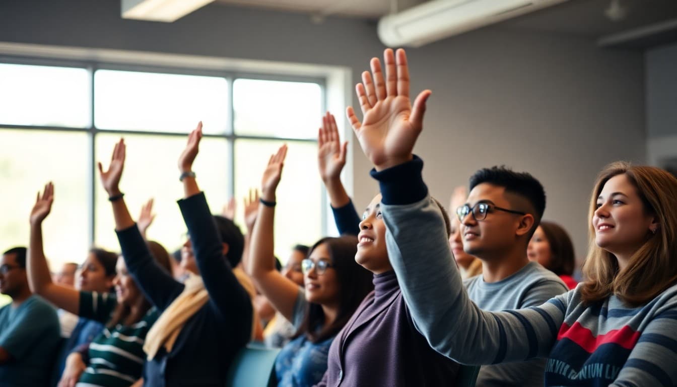 Diverse community members at a district town hall meeting raising hands to participate