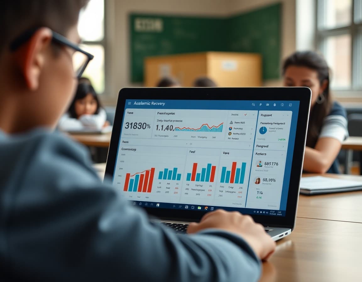 Academic recovery data dashboard on a laptop showing student progress charts
