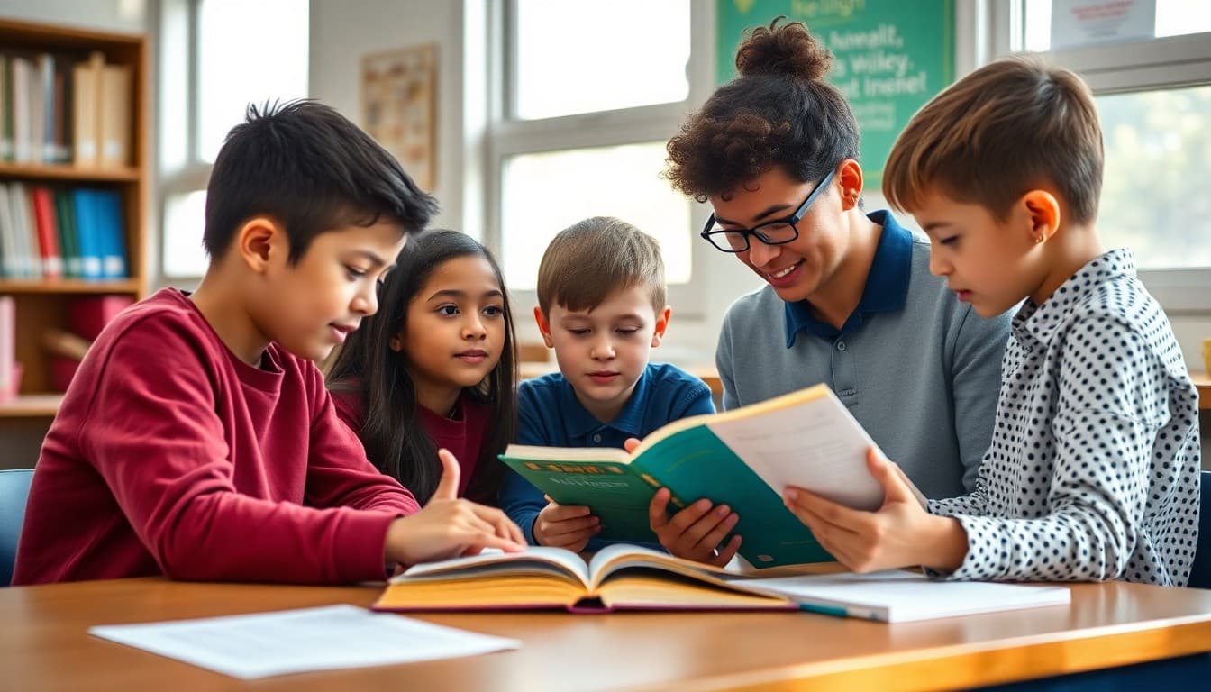 Tutoring session with a teacher and small group of students working on reading