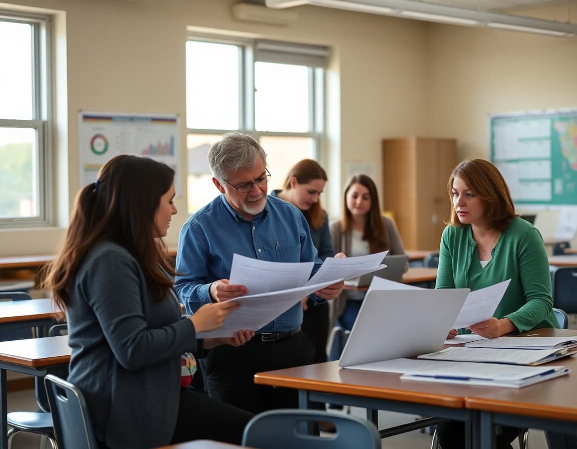 School district staff reviewing data and plans related to district programs