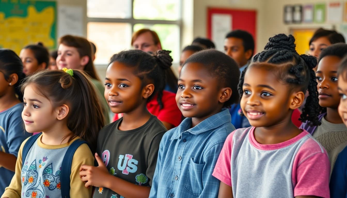 Diverse group of students and teachers at a school community event