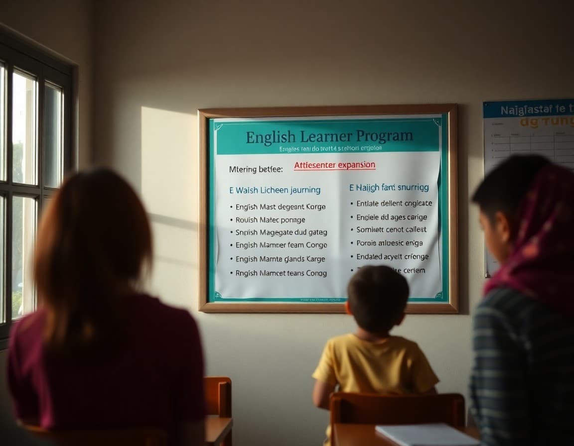 English learner program expansion announcement in multiple languages on a bulletin board