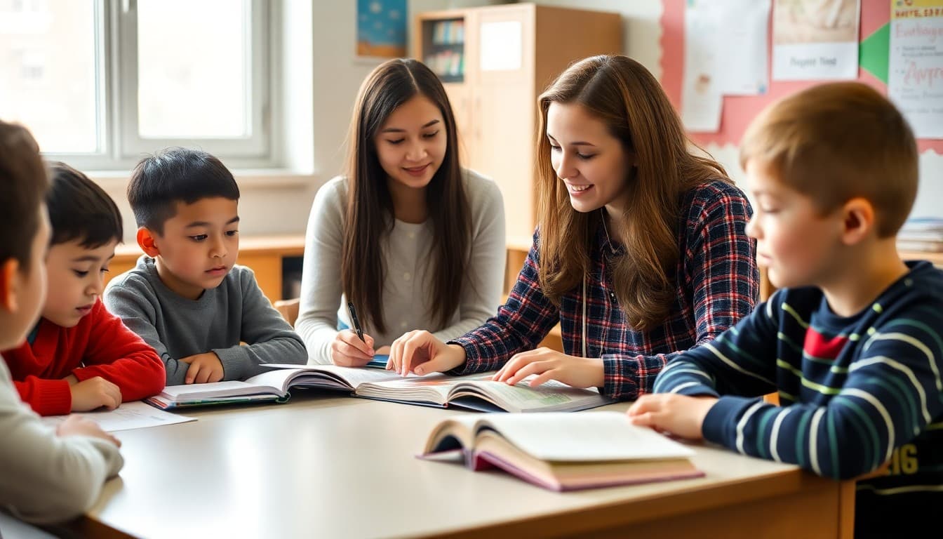 EL teacher working with a small group of English learners at a reading table