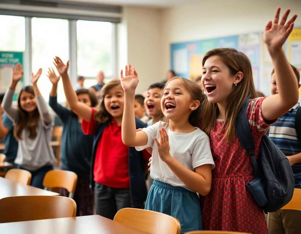 Students cheering on the last day of school with their teacher