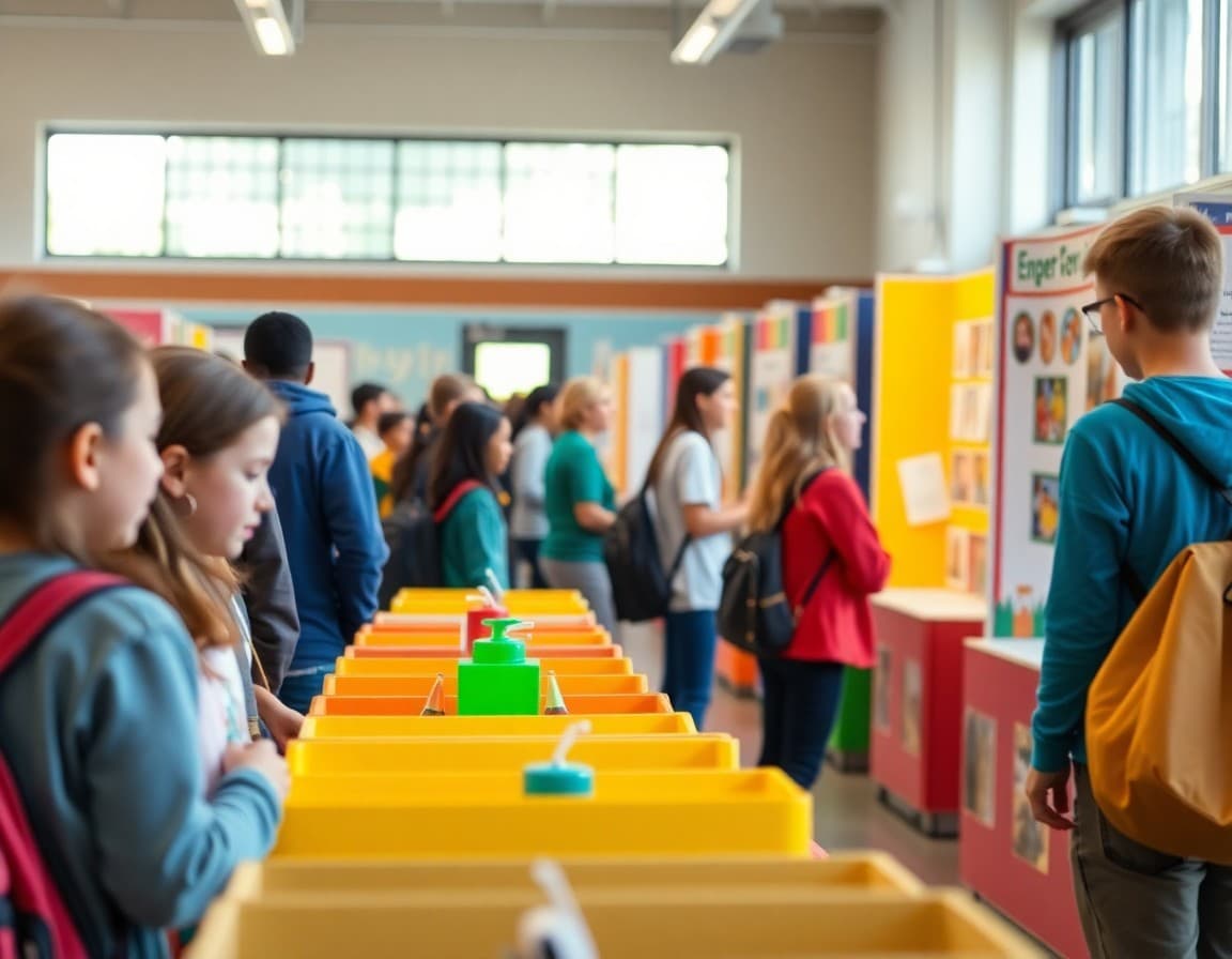 Colorful display booths at a school district enrichment fair with student projects
