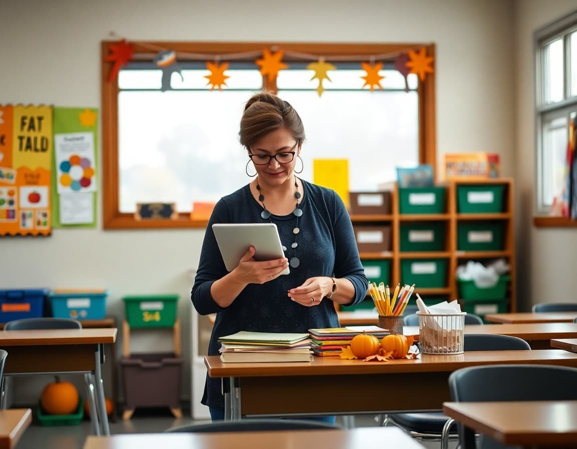 Teacher preparing a back-to-school classroom with fresh supplies and fall decorations