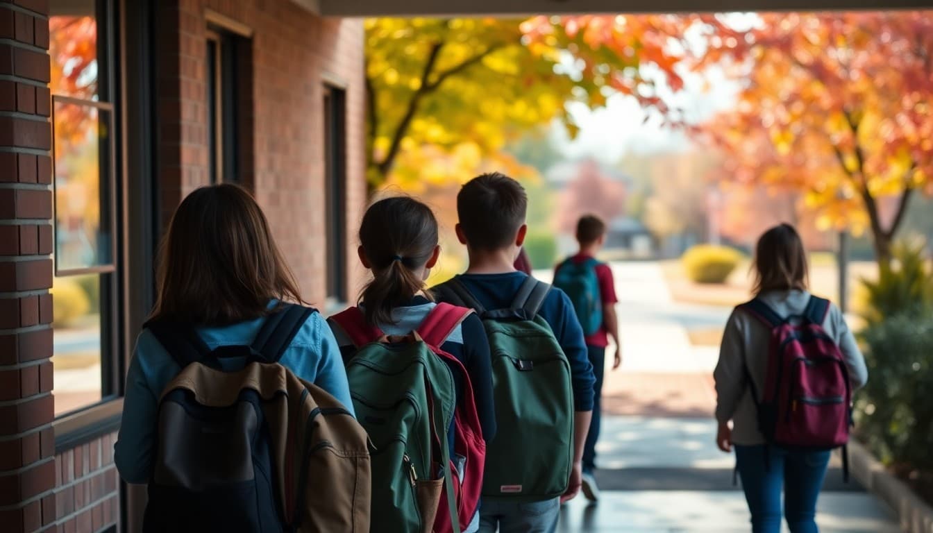 Students walking into school on a fall morning with backpacks and colorful leaves on the trees
