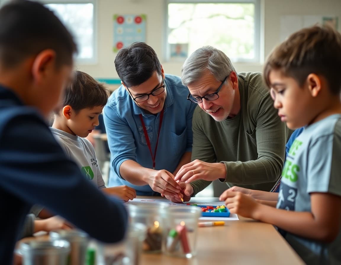 Parent volunteer helping students with a project at a school family engagement event