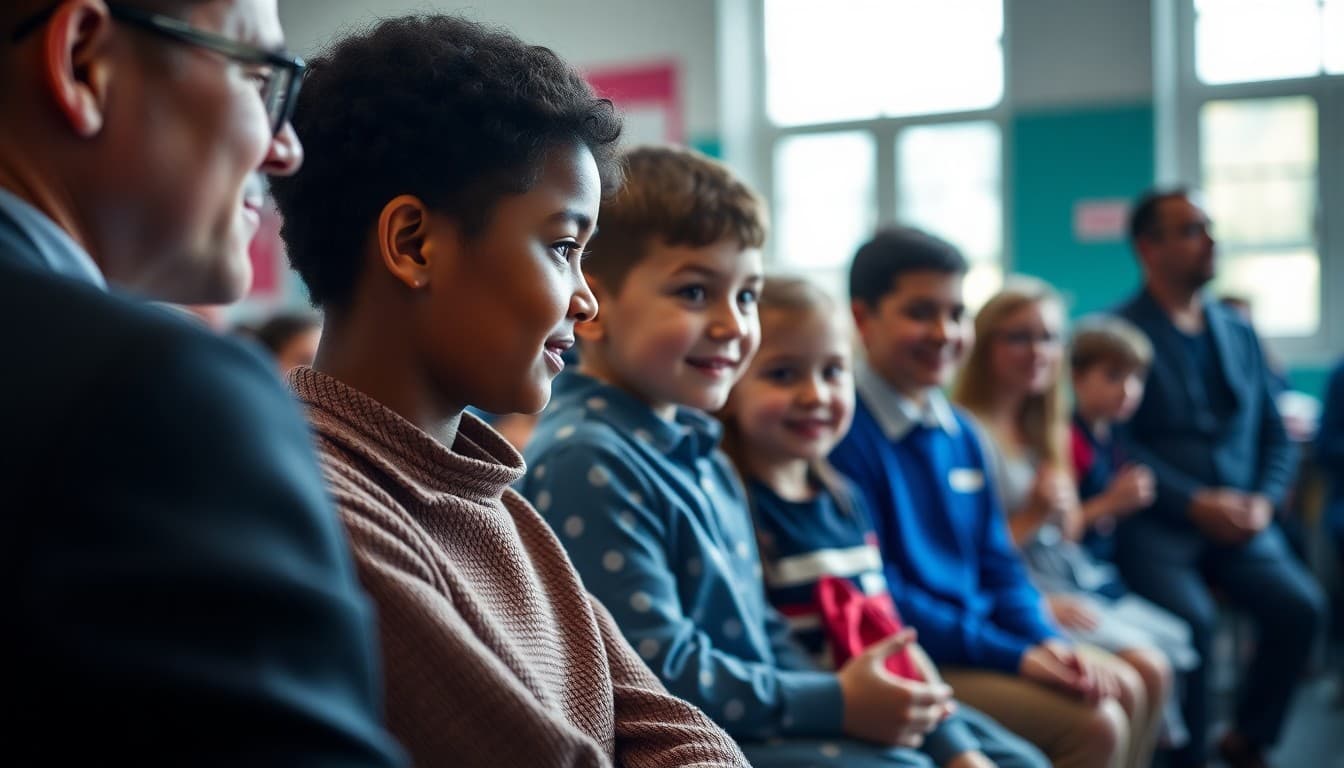 Families attending a school event with children and teachers celebrating together