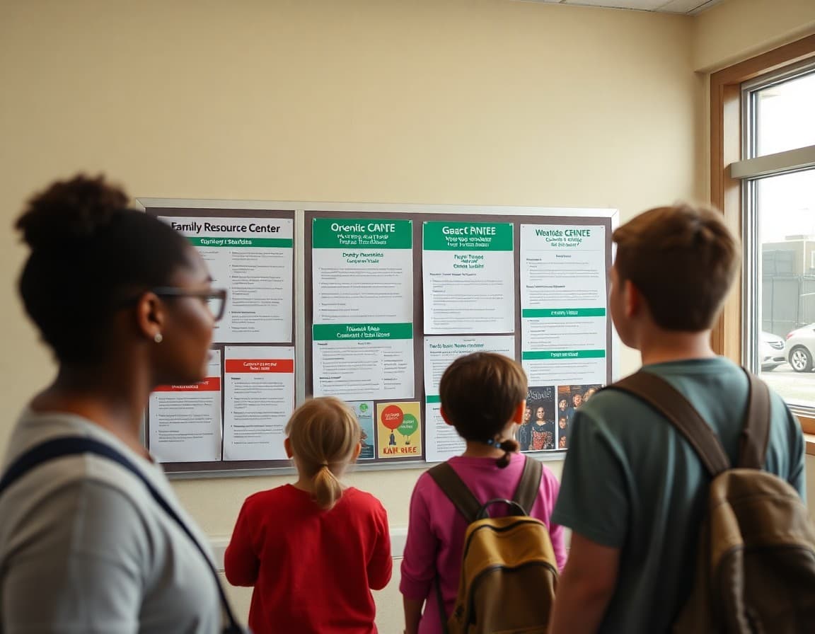Family resource center bulletin board with community service flyers and program schedules
