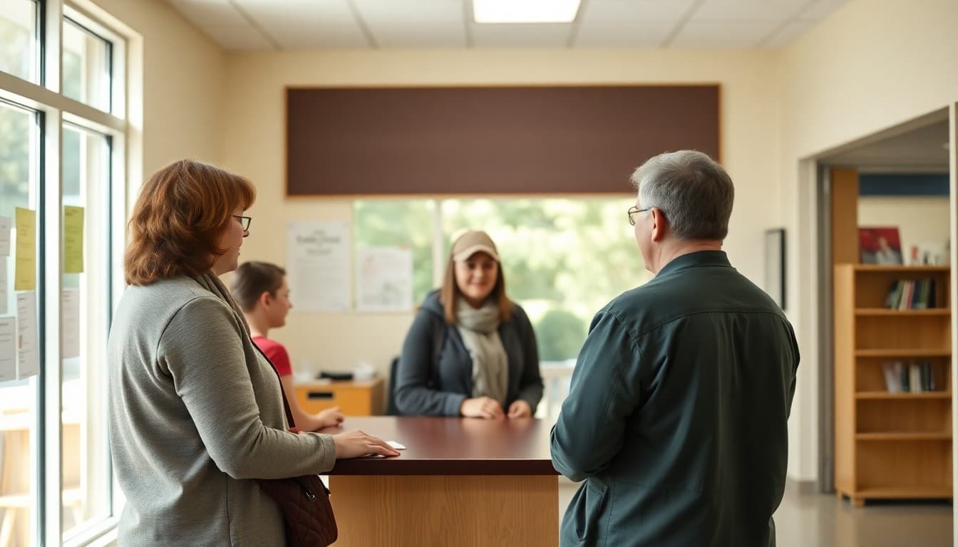 Family resource center with parents receiving information at a welcoming front desk