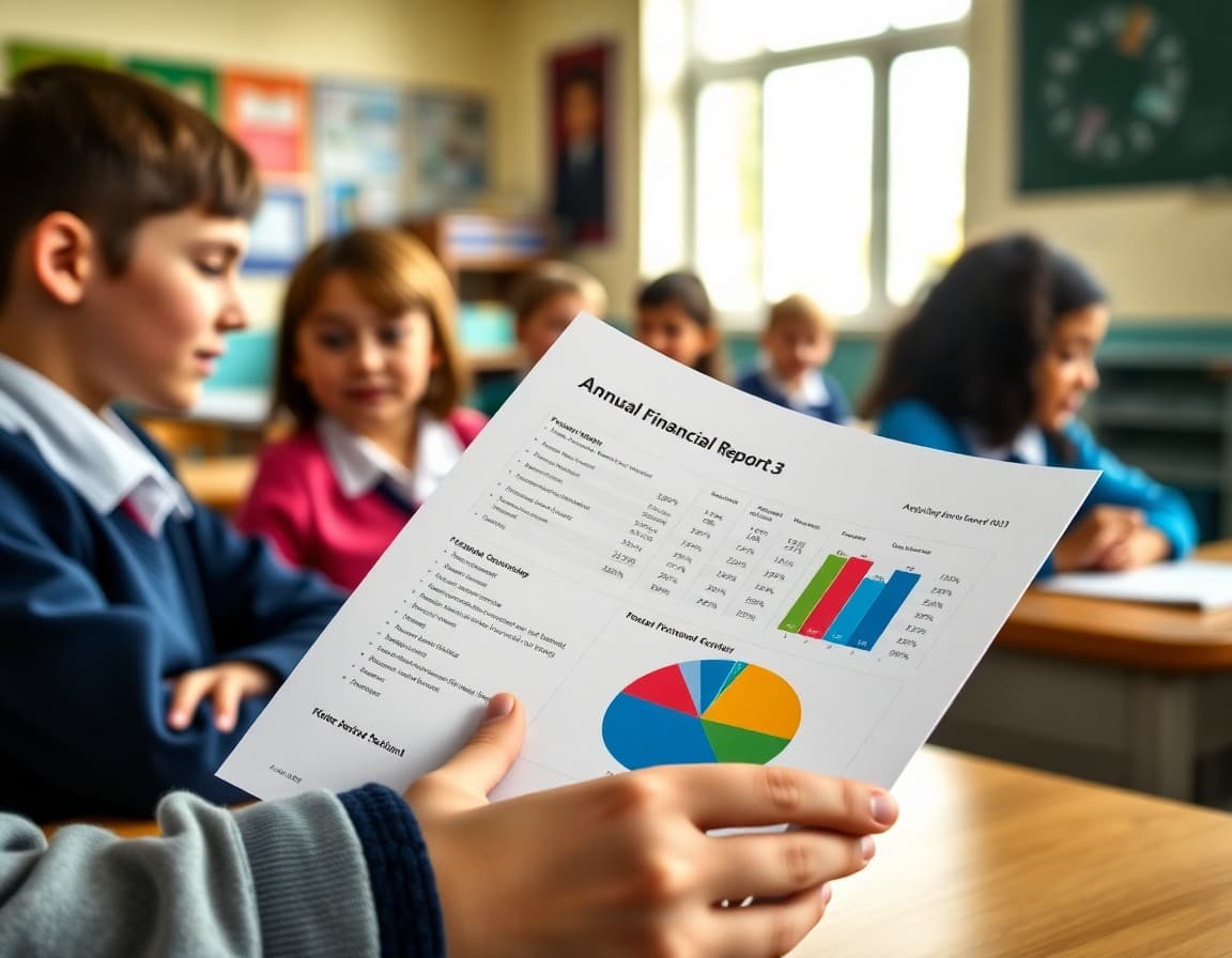 Annual financial report document with pie charts showing budget allocation