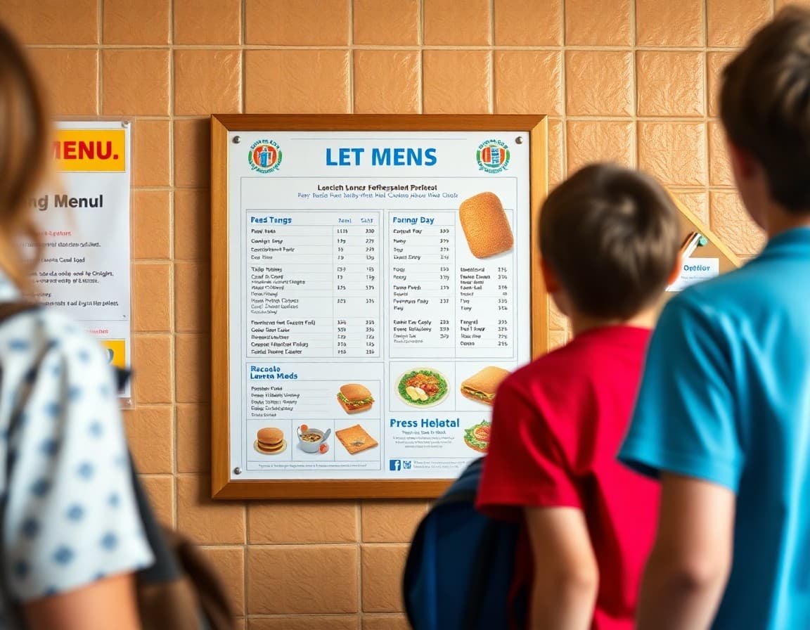School lunch menu with nutritional information displayed on a cafeteria bulletin board