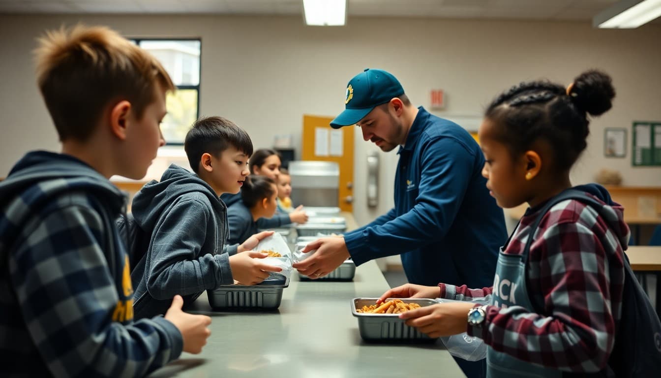 Students receiving hot lunch from a cafeteria worker in a bright school cafeteria