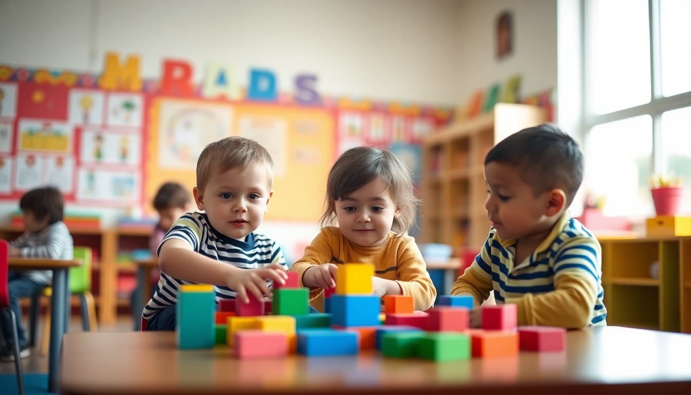Young children playing with blocks in a colorful Head Start classroom