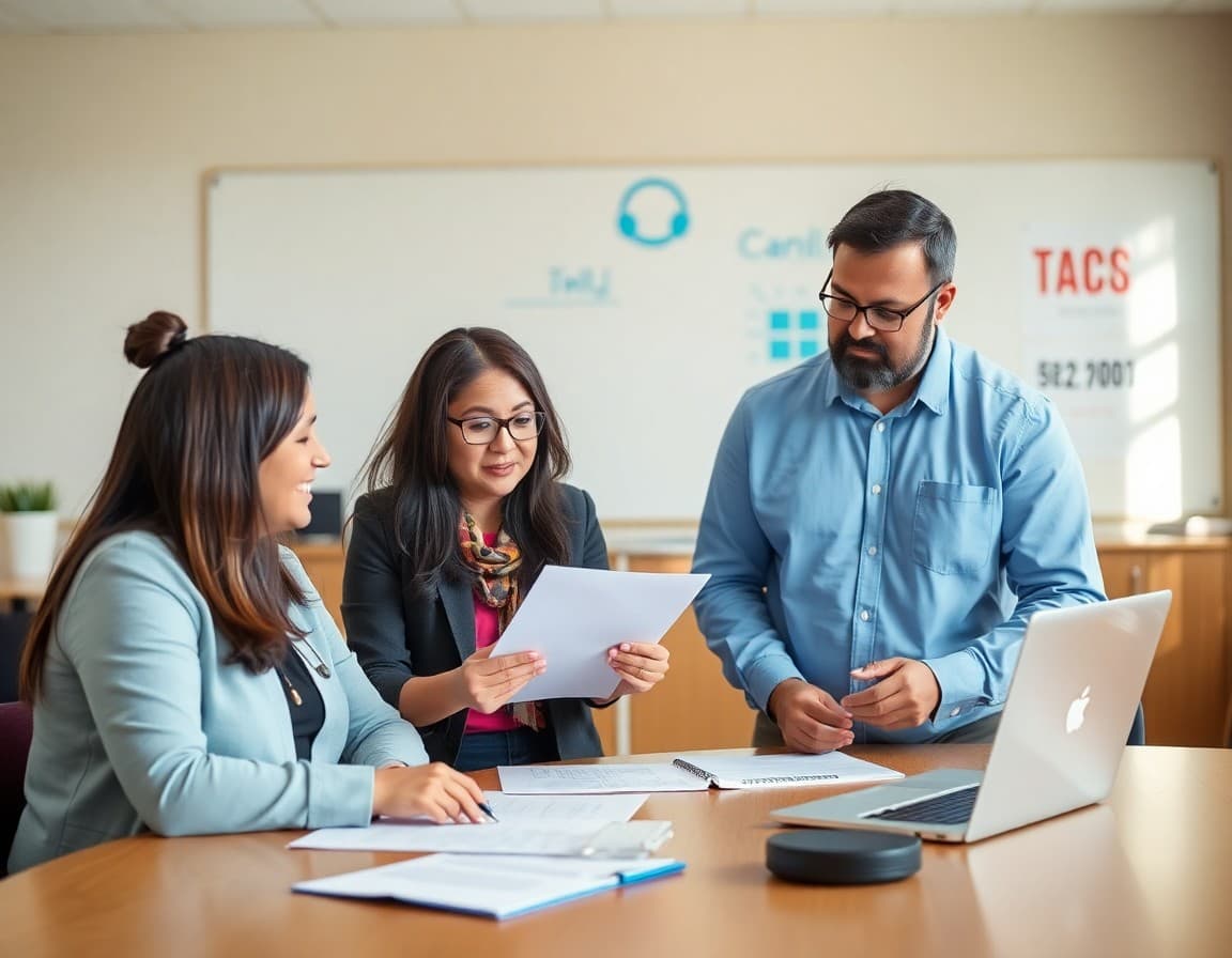 Two teachers reviewing student work data together with a coach in a conference room