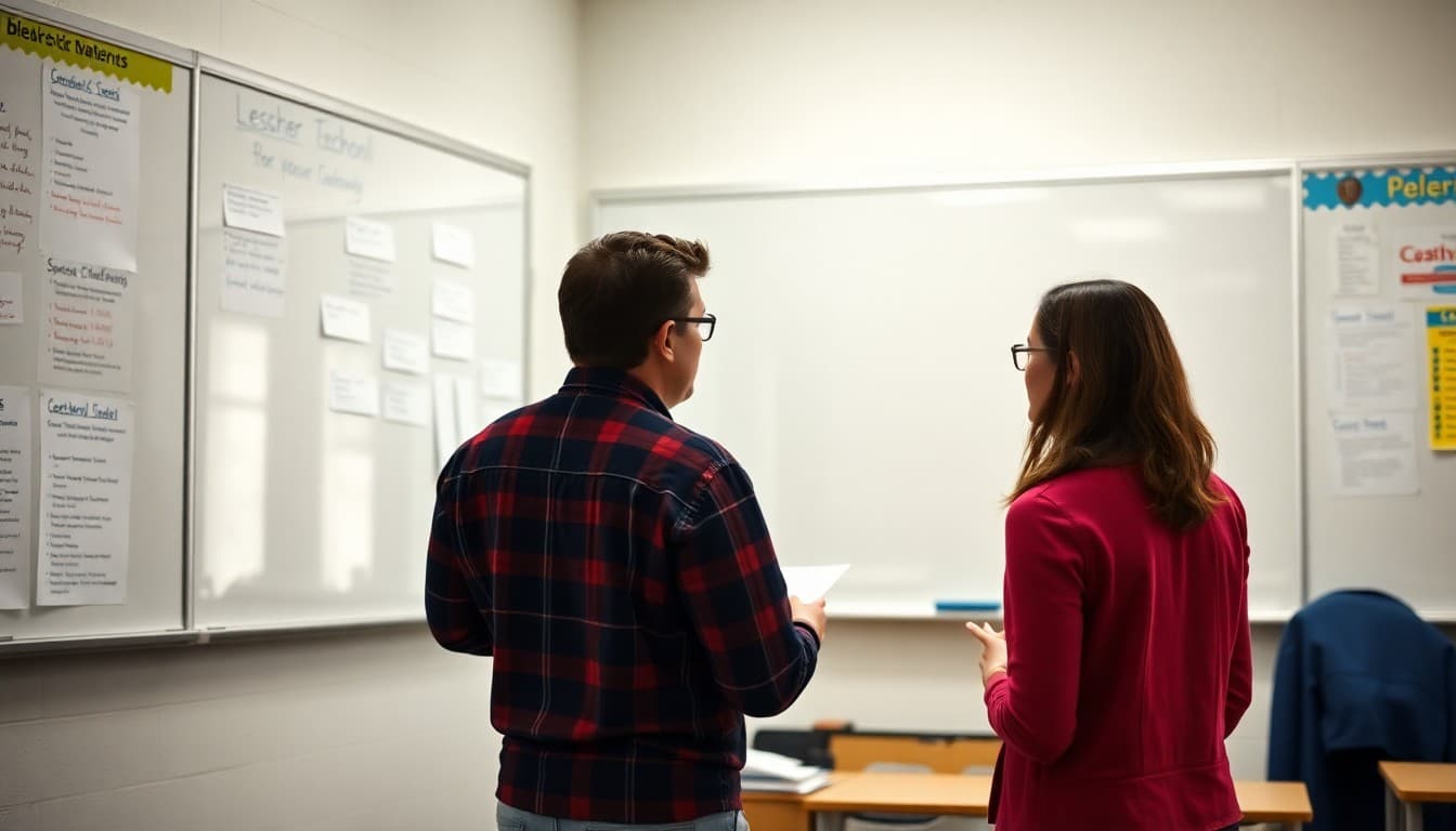 Instructional coach working with a teacher at a classroom whiteboard reviewing lesson materials