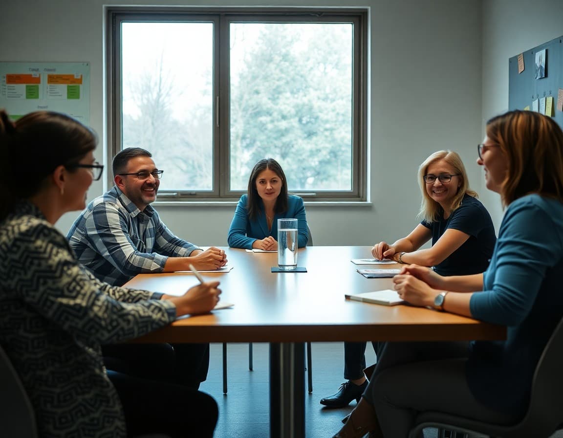 Mental health professionals gathered around a table in a district team meeting