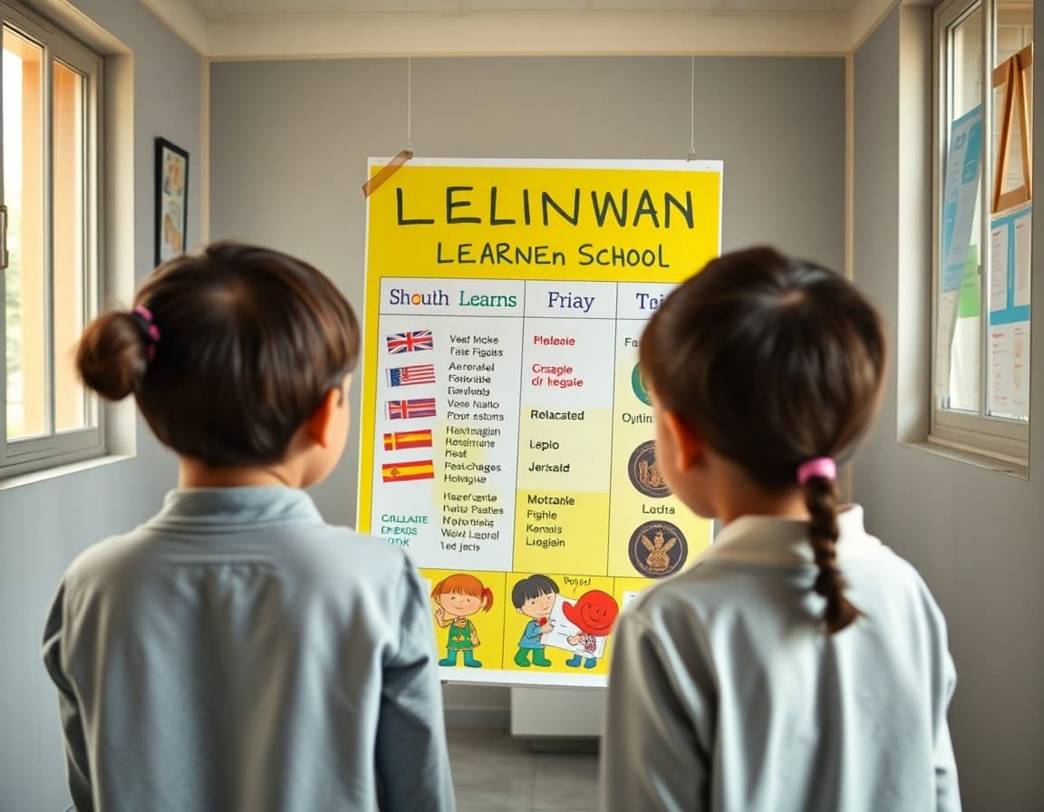 Multilingual learner program poster with student artwork in several languages