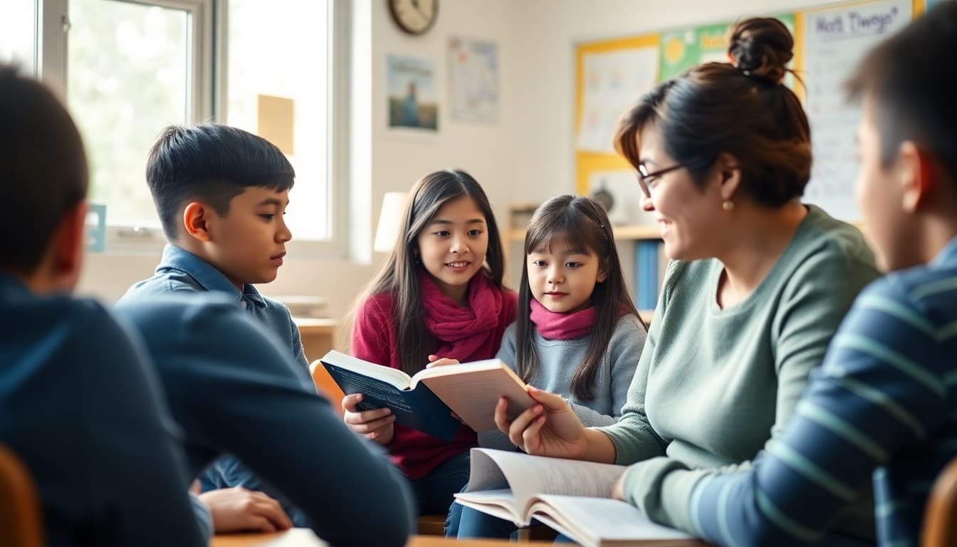 Teacher working with multilingual learners in a small group reading session