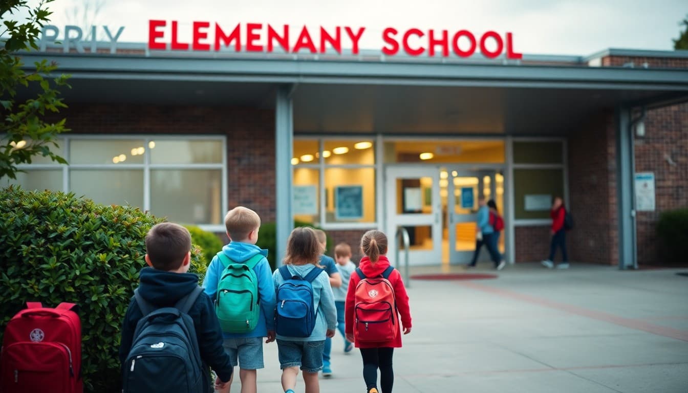 New elementary school building exterior with bright signage and children arriving for the first day