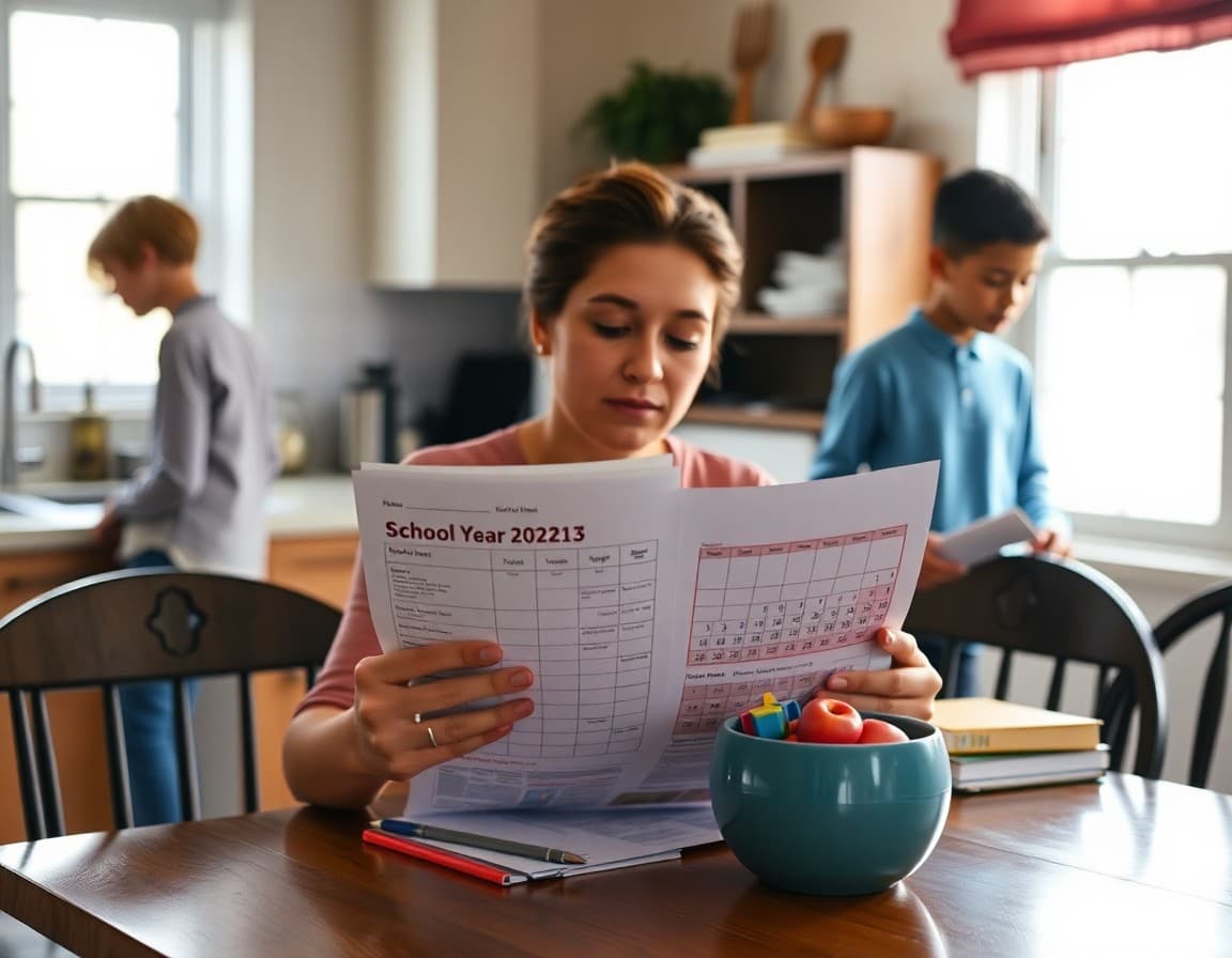 Parent reviewing school year paperwork and calendar at a kitchen table