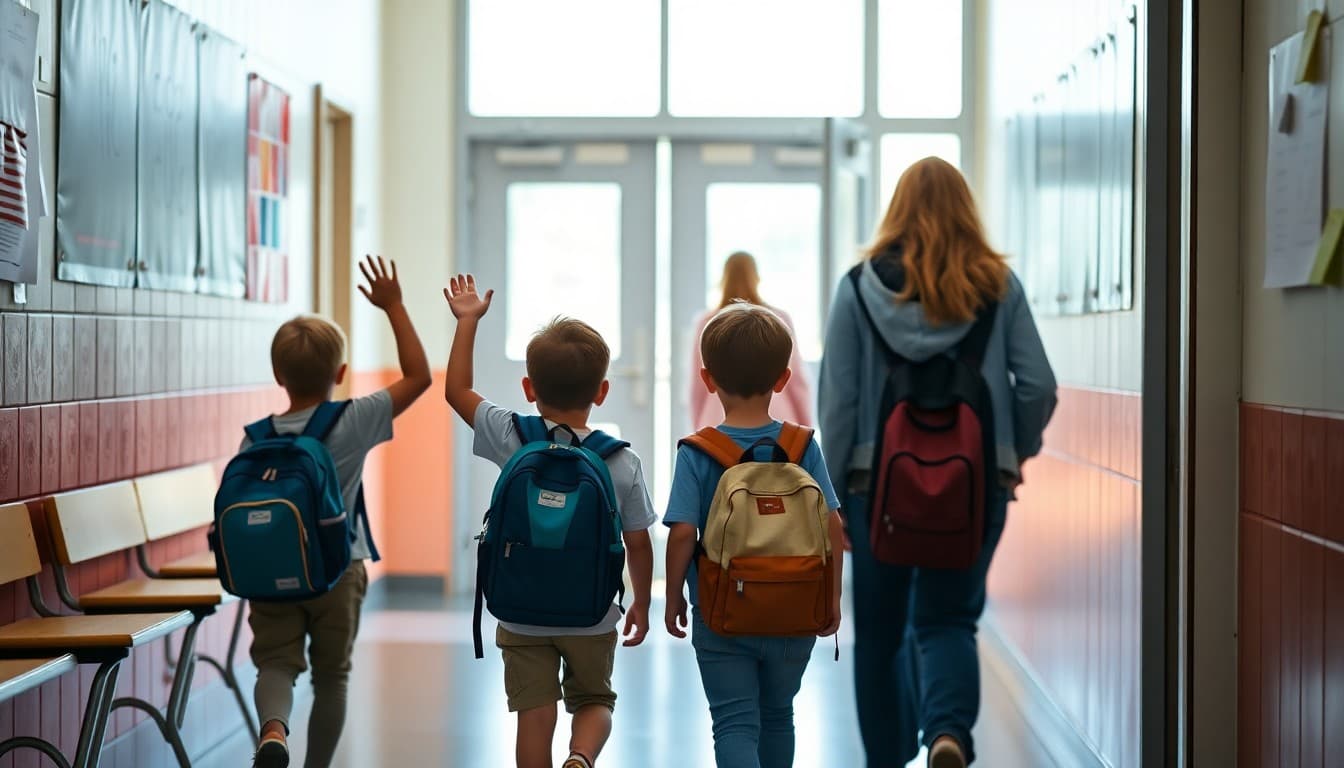 Elementary students with backpacks entering school on the first day with parents waving goodbye